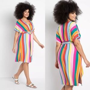 Eloquii - Vertical Stripe Tie Waist Short Sleeve Dress Multi Colored Size 26